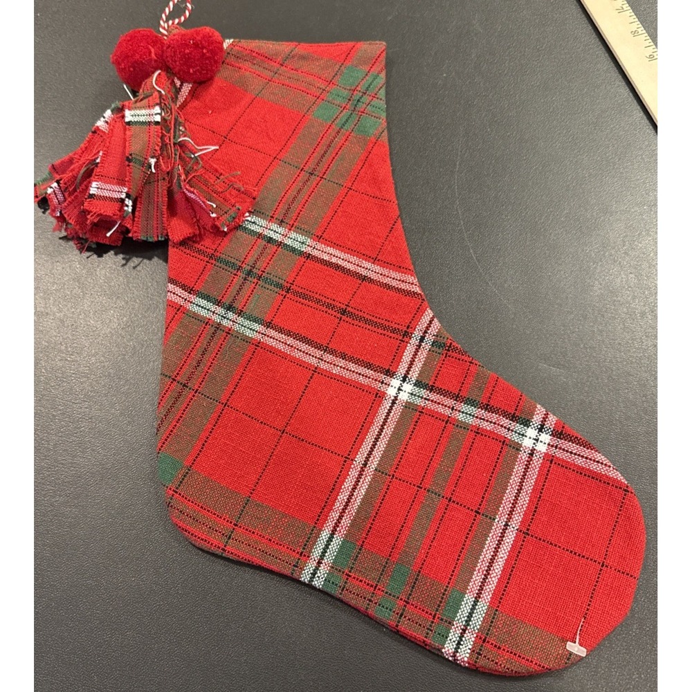 Tag Sleigh Ride Plaid Pom Pom Tassel Holiday Christmas‎ Stocking 17 Inch NEW